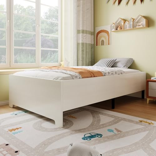 Einzelbett 90×200 cm,Weiß Massivholzbett Bettgestell mit Lattenrost,perfekt für Erwachsene Kinder Teenager, Stabiler Bettrahmen mit rutschfestem Design,kein Boxspring erforderlich