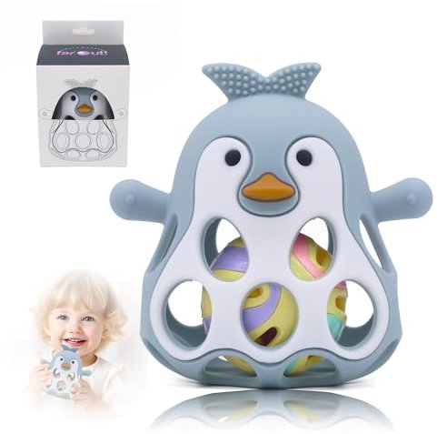 Farout Pinguin Rassel - Beißring Baby & Montessori Spielzeug - Oball Motorikspielzeug Babyrassel für Babyspielzeug ab 3 Monate, Geschenk für Jungen & Mädchen. (Dusty Blue)