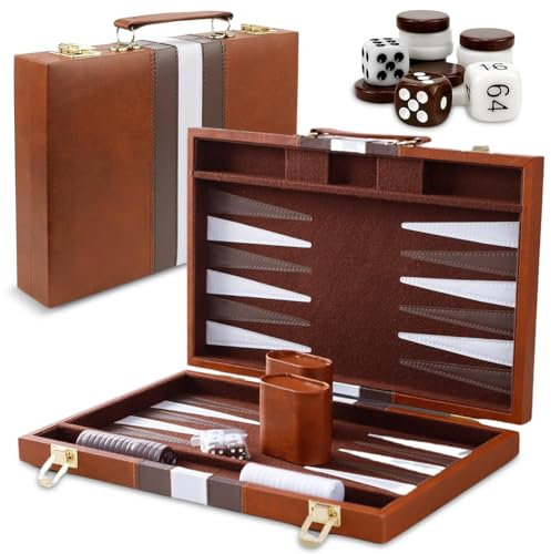 Backgammon Spiel-Set, Backgammons Holz, Backgammons Brettspiel, Reise Backgammon zum Rollen, Brettspiel mit Lederetui mit Würfelbecher, Brettspiels mit Kunstlederkoffer für Erwachsene Kinder