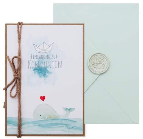 ZauberDeko Einladungskarte Einladung mit Briefumschlag Personalisiert Taufe Kommunion Kraft Mint Junge Mädchen, Farbe:Mint