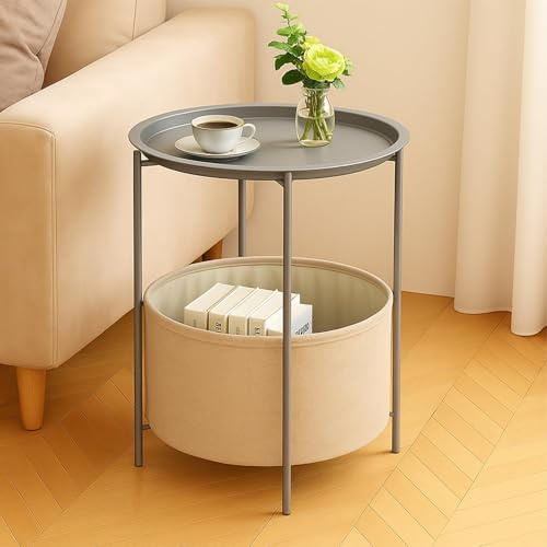 Rinkgarden Runder Beistelltisch mit Stoffkorb, modern und stabil, Beistelltisch aus Metall für Wohnzimmer, Schlafzimmer, Nachttisch, Kinderzimmer, Waschküche oder Balkon (Grau+Beige)