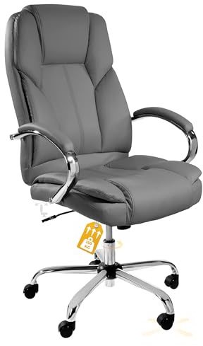 TPFLiving Bürostuhl Dallas (Grau) – mit hoher Rückenlehne und Lordosenstütze – bis zu 150kg Tragfähigkeit – gepolsterter und ergonomischer Premium Schreibtischstuhl für Büro & Homeoffice