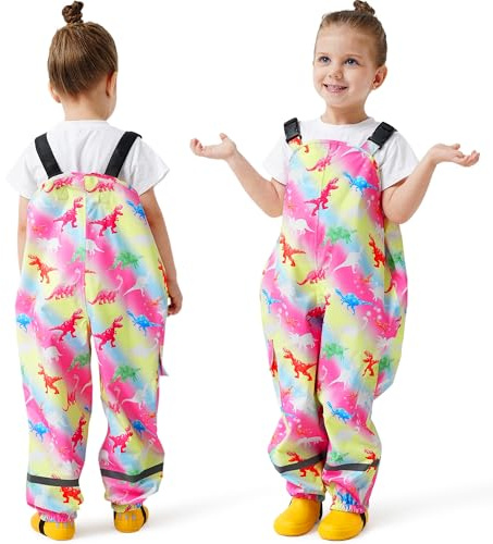 FILOWA Waterproof Dungarees Kids Girls Rain Trousers Dinosaur Pattern Mud Pants with Reflective Strip Pocket Work Trouser Breathable Rain Over Outdoor Overalls Rainwear for Child 5 Years, Pink