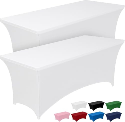 Pureegg Spandex Tablecloth 6ft White 2-Pack Table Cover | Wrinkle-Free and Stretch，for Party, Wedding, Banquet, Table Cloths Rectangular ，183L x 76W x 76H cm, Fitted and Tight