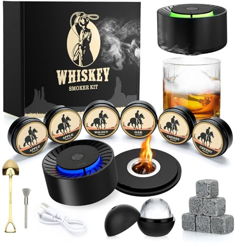 Gifts for Dads, Electric Whiskey Smoker Kit - 6 Wood Chips, 6 Whiskey Stones, Ice Ball Mold, Rechargeable Cocktail Smoker Kit with LED Light, Old Fashioned Kit, Birthday Gifts for Men, Husband
