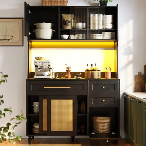 Dolamaní Armoire de cuisine - 120 x 45 x 195,5 cm - Avec LED - Plus d'espace de rangement pour cuisine, salon, salle à manger, buffet avec plan de travail - Vitrine avec porte coulissante en rotin