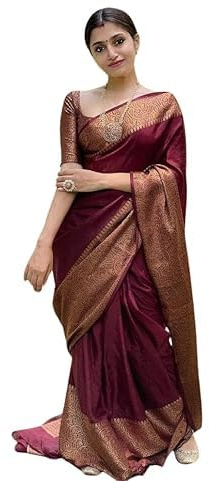 Accessorize Kingdom Women's Soft Pure Kanjivaram Silk Saree For Wedding Banarasi Cotton Sari With Blouse Piece (Yatri-51) (Maroon, Free Size)