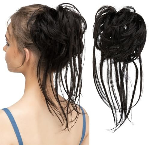 jianjunchaling Messy Bun Haarteil, Zerzauste Hochsteckfrisur Extensions Wellige Wickel Pferdeschwanz Haarteile Scrunchies mit Gummiband for Frauen Hair Ponytail for Women Girls(Off Black)