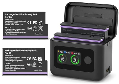 JIMOVA Insta 360 X5 Battery and Charger for Insta360 X5, 2 Pack Batteries and Intelligent Two Way Charger Hub for Insta360 X5 Battery, Dual Channel Fast Charging Case for Insta 360 X5 Accessories