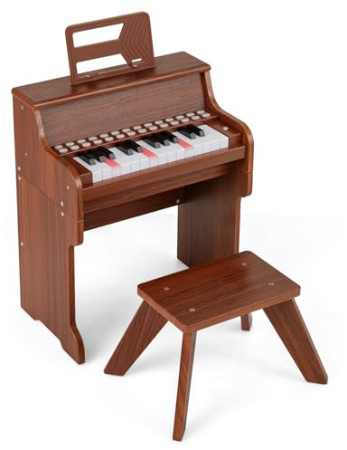 COSTWAY Pianoforte Digitale Bambini a 25 Tasti con Luci, Pianola Elettrica con 6 Toni, 15 Demo e 8 Percussioni, Set Tastiera Musicale con Sgabello e Leggio Rimovibile, per Bambini 3+ Anni (Marrone)