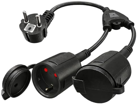Doppelstecker für Steckdose, 16A/250V Verlängerungskabel Kurz 2 Fach Steckdosen Wasserdicht IP44 2 Fach Steckdosenadapter mit Flexiblem Kabel Doppelsteckdose Adapter für Zuhause, Büro (Schwarz)