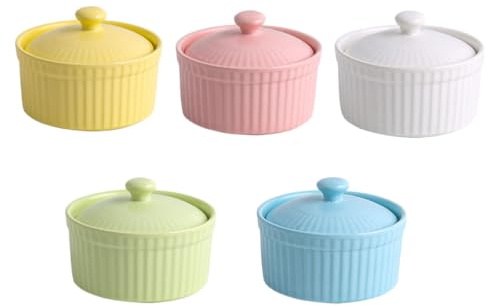 MUELODSIC Juego de 5 Cuencos para Hornear Postres y Pudín de Cerámica con Tapa, Colores Surtidos (,), Aptos para Horno y Microondas, Tazones para Cocina Doméstica