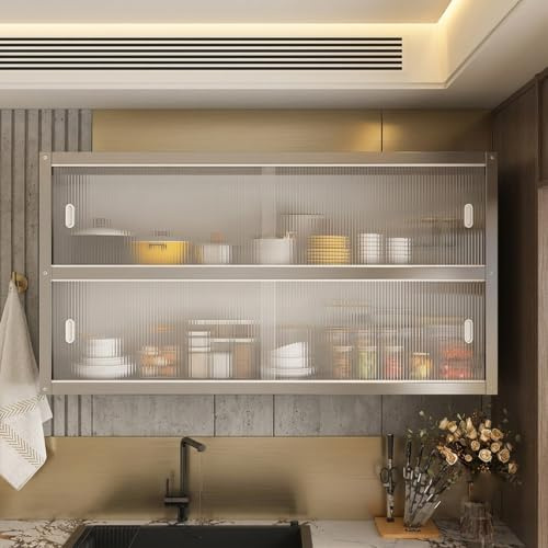 ZUGIATP Wandmontierter Edelstahlschrank Mehrzweckschrank Hängeschrank Küche Mit Transparenten Schiebetüren Für Garage Badezimmer Küche(Double Layer,120 * 30 * 70cm/47 * 11 * 27in)
