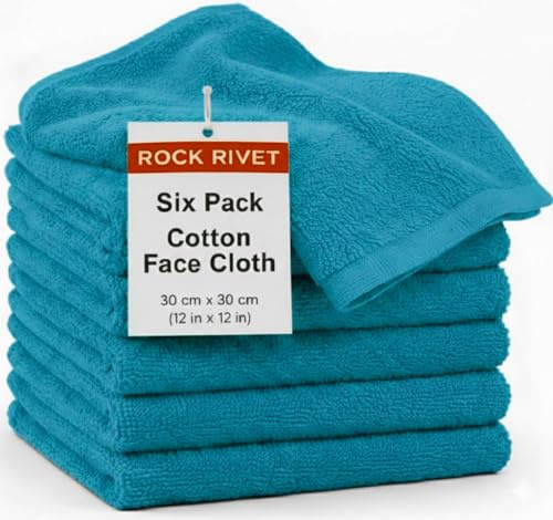 Rock Rivet Pack of 6 Face Cloths - 100% Egyptian Cotton Super Soft Washcloths 500GSM Quick Dry Flannels 30x30cm – High Absorbent Small Towels for Bathroom, Spa, and Gym (Teal)
