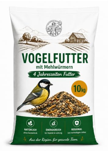 Premium Vogelfutter 10 kg mit Mehlwürmern – 4 Jahreszeiten Streufutter für Wildvögel