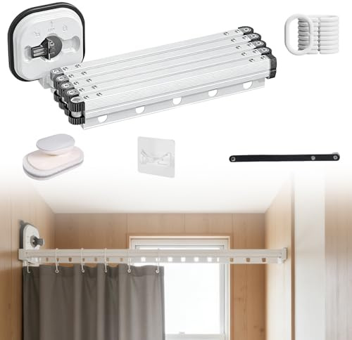 Faltbare Duschvorhangstange Ohne Bohren,Duschvorhang mit Saugnapf(1.8x2M) | 5-Fach Faltbar Wandmontage Eckvorhangstangen mit Vorhangringen,Wandmontage L/U Form Duschvorhang Stange für Ecke/Badewanne