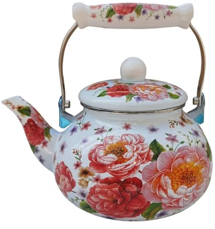 Pitycbo Emaillierter Teekessel 2,5 L mit Deckel, Großes Fassungsvermögen, Hitzebeständig, Florales Emaille Design, Wasserkrug für Tee, Kaffee Und Kaltes, Stil b