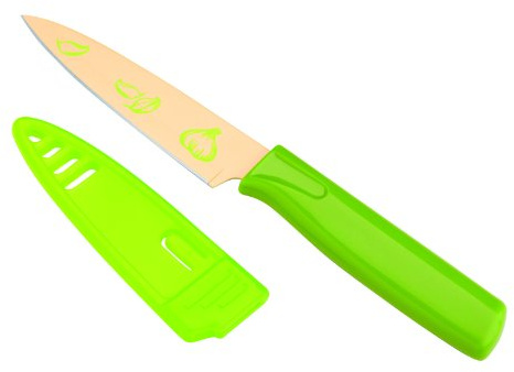 KUHN RIKON 22970 Messer Colori Farmer Market Rüstmesser Gemüsemesser grün Karbonstahl antihaftbeschichtet mit Knoblauchdekor 19,5 cm m.Klingenschutz