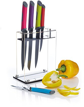 Colourworks 5-Piece Coloured Stainless Steel Knife Set and Acrylic Knife Block - 'Brights' Colours, 19 x 12 x 37 cm