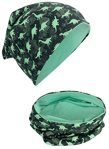 HECKBO Beanie & Schlauchschal Kinder - Dino Motiv - Wendemütze - 2-8 Jahre - Baumwollmix - Für Fahrradhelm geeignet (48–54 cm)