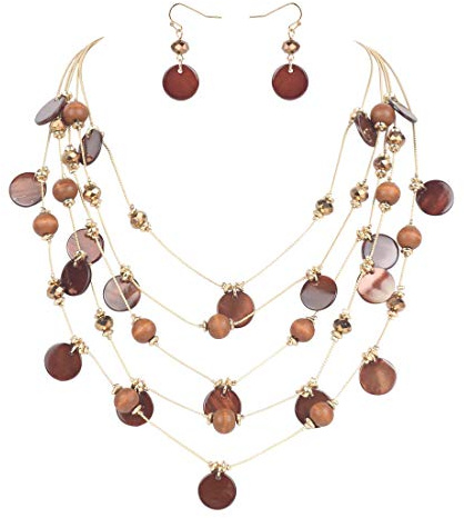 Firstmeet Handmade Multi-Layer Round Shell Wooden Beads Necklace with Earrings(XL-1101-Brown)