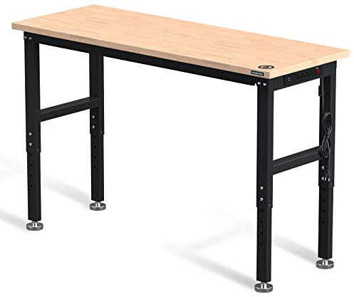 WORKPRO 60 Adjustable Workbench, Rubber Wood Top Heavy-Duty Workstation, 2000 LBS Load Capacity Hardwood Worktable with Power Outlets, for Workshop, Garage