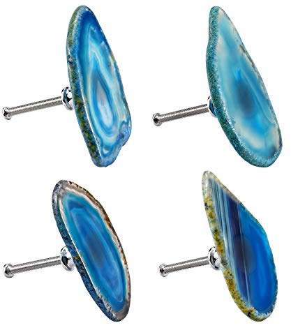 Mogokoyo 4 Stück Möbelknöpfe aus Natur Achat Schubladenknöpfe mit Schraube Möbelknauf Griff Schrankknöpfe für Schrank Schublade Griffe Garderobe Ziehgriff (Blau)