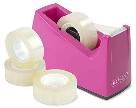 Rapesco 1621 Dispenser per Nastro Adesivo 300 con Nucleo da 25 mm, Include 4 Rotoli di Nastro, Fucsia