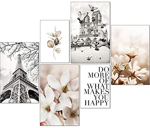 artpin® Moderne Poster Set - Bilder Wohnzimmer Deko Schlafzimmer - Paris Blumen schwarz weiß Beige Bilderwand ohne Rahmen (4x A4 | 2x A5) W14
