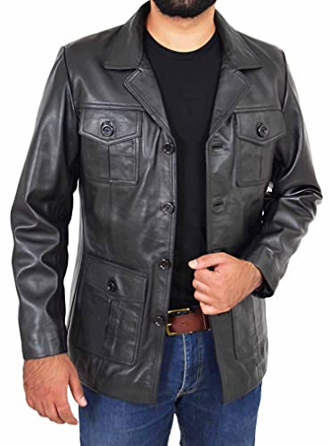 A1 FASHION GOODS Chaqueta de cazadores safari de cuero clásico retro para hombre de los años 70, estilo blazer, color negro y marrón, Negro, S