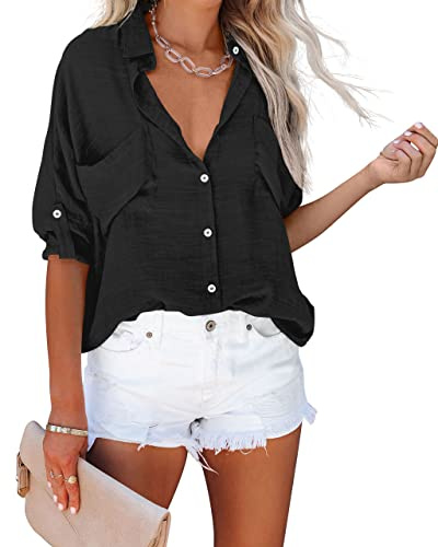 NONSAR Blusa para Mujer con Cuello en V, Camisa de Manga Larga Suelta con Bolsillos en el Pecho y Mangas enrollables, Parte Superior Informal