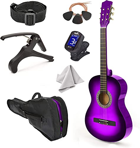 Holzgitarre für Linkshänder, 76,2 cm, mit Tasche und Zubehör für Kinder/Mädchen/Jungen/Jugendliche/Anfänger, Violett