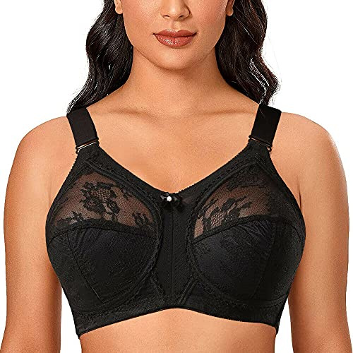 Ayigedu Reggiseno da Donna Taglie Forti Minimizzante in Pizzo con Copertura Completa, Tenuta Ferma, Senza Ferretto e Imbottitura, Nero , 42
