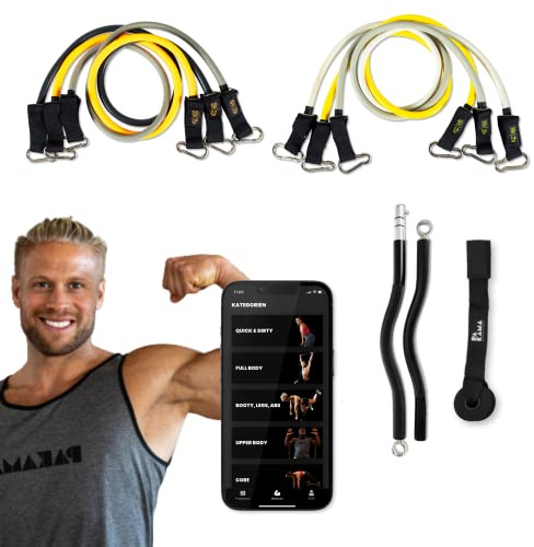PAKAMA - Premium uppsättning med 6 motståndsband inklusive SZ-stång (bar) för hemträning och styrketräning hemma - extremt & tunga motståndsband 14 kg till 24 kg - fitnessband för upp till 200 kg motstånd