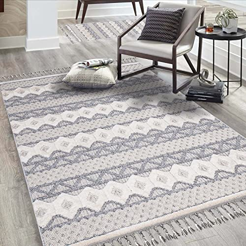 carpet city Teppich Wohnzimmer Boho-Stil Graublau - 120x170 cm - Geometrisches Muster - Relief-Optik, 3D-Effekt - Cut-&Loop, Sisal - Moderne Fransen-Teppiche Schlafzimmer