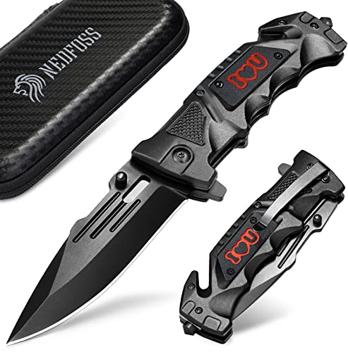 NedFoss DA75 Klappmesser, 10cm Einhandmesser mit Gurtschneider & Glasbrecher, Rettungsmesser mit mit Liner Lock &Kugellager, Überlebensmesser für Auto, Rescue Messer mit Gravur, Geschenk für Geliebte