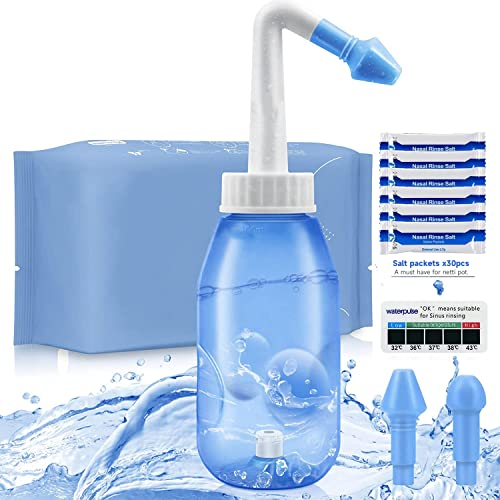 Snykes Neti Pot Sinus Rinse Kit,Nasal Irrigation Nose Cleaner Wash Bottle 300ML, Nasal Rinse Salt sachets 40 Packets and Thermometer Sticker, Neti Pot Kit for Adult & Kids (Navy Blue)