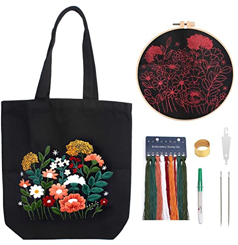 NAEBRO Stickset f¨¹r Segeltuchtasche, Anf?nger Stickerei Set mit Blumenmuster Leinentasche Anleitung, DIY Handgemachte Kreuzstich Sticktasche f¨¹r Erwachsene (Schwarz)