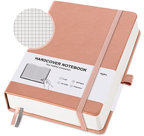 Notizbuch Din A5 Kariert Notizbücher Hardcover, Journal Notebook mit 320 Nummerierte Seiten, 100 g/m² Tintenfestes Dickes Papier, Kostenlose Mehrfarbige Registerkarten, Innentaschen, 160 Blatt, Rosa