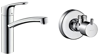 hansgrohe Set mit Küchenarmatur Focus M41, Wasserhahn Küche mit Auslauf Höhe 160mm, 360° drehbar, 1 Strahlart + Eckventil S (Chrom)