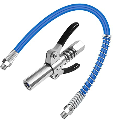 Grease Gun Coupler Grease Fitting Coupler, Quick Release Lock-On Grease Gun Coupler High Pressure Manual Grease Gun Coupler with 11.8 Hose Compatible with All Grease Guns 1/8 NPT Grease Gun Fitting