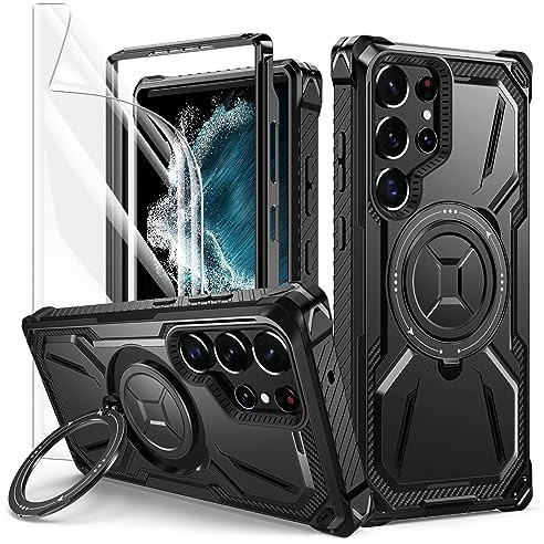 Lanhiem für Samsung Galaxy S22 Ultra Hülle, 360° Ring Ständer,Stoßfest | mit 1 Stück Schutzfolie, Robust Bumper Schutzhülle, Militärischer Armor Handyhülle für Samsung Galaxy S22 Ultra Case, Schwarz