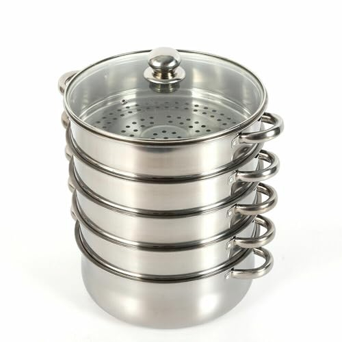 5-stufiger Edelstahl-Dampfgarer, lebensmittelecht mit Glasdeckel Dampfgarer, faltbarer Dampfgarer mit großem Fassungsvermögen, langlebiger Dampfgarer, geeignet für Induktionsherde, Gasherde, 28 cm