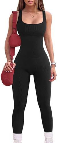 MAYROUND Combinaison de gym pour femme une pièce barboteuse côtelée sans manches moulante leggings de sport col carré débardeur combinaison-short, Noir , M
