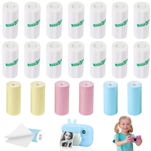 Lot de 20 rouleaux d'autocollants pour mini imprimante, papier thermique pour appareil photo d'enfant, 14 rouleaux de papier blanc et 6 rouleaux de papier multicolore pour mini imprimante photo mobile