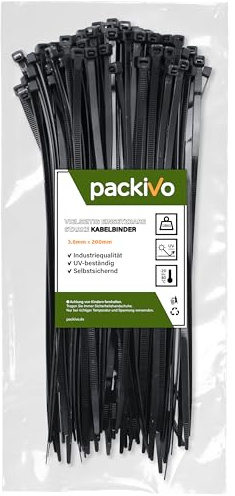 Packivo Industrial Cable Ties, 3.6 x 200 mm, Black, 18 kg Tensile Force, UV-Resistant, Nylon, Pack of 100