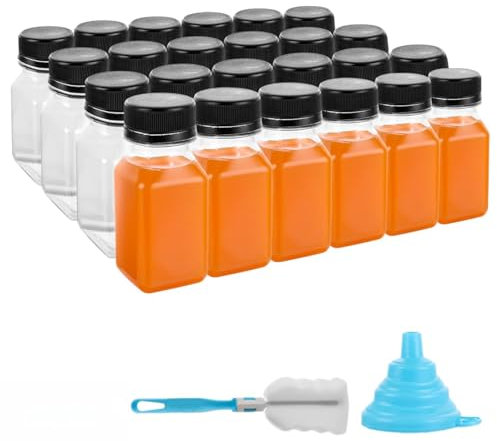 DAJAVE Lot de 24 bouteilles à liqueur, en plastique, à remplir, réutilisables, transparentes, avec couvercles anti-fuite, petites bouteilles avec couvercles anti-fuite, avec couvercles pour jus