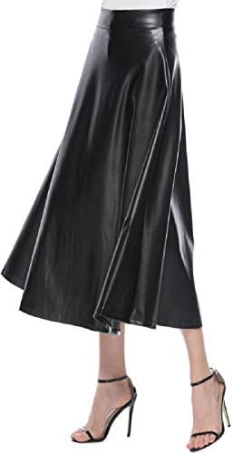 Jupe en cuir pour femmes, Noir, Longue jupe en cuir pour femmes, Midi jupe A ligne, Jupe taille haute plissée, Robe longue en cuir pour femmes, Jupe swing décontractée, Unie, Jupe d'automne, Jupe