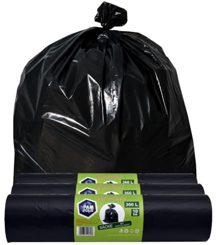 PAM-FOLIE Sacs poubelle universels 360L - 30 pièces - XXL Sacs poubelle grands, forts et épais, Basic - 120x150cm - 35µm - sac poubelle noir - sac poubelle robuste - film regranulé
