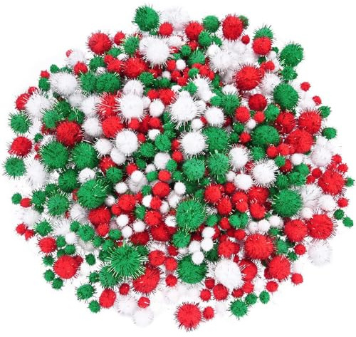 Pompons Loisirs Creatifs, 600 Pièces Pompon Noel, Pompom Paillettes 1-2cm Rouge/Vert/Blanc pour Décoration de la Maison, Artisanat de Noël